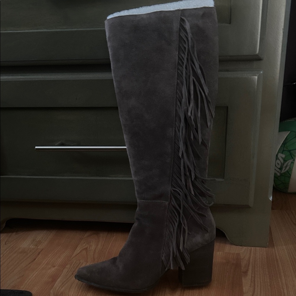 Steve Madden Charcoal Suede Fringe Heeled Boots